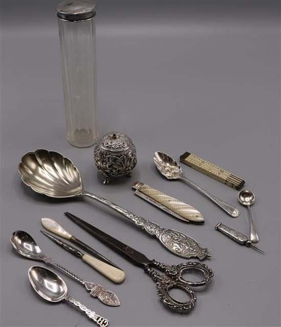 5 silver spoons Indian pepper, fruit knife, silver handled scissors, ruler, 2 implements, cigar piercer, toilet jar